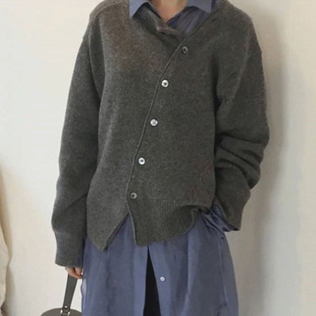 Street-Wave Asymmetric Knit Cardigan With Button Front For Women, Casual Yet Warm And Elegant