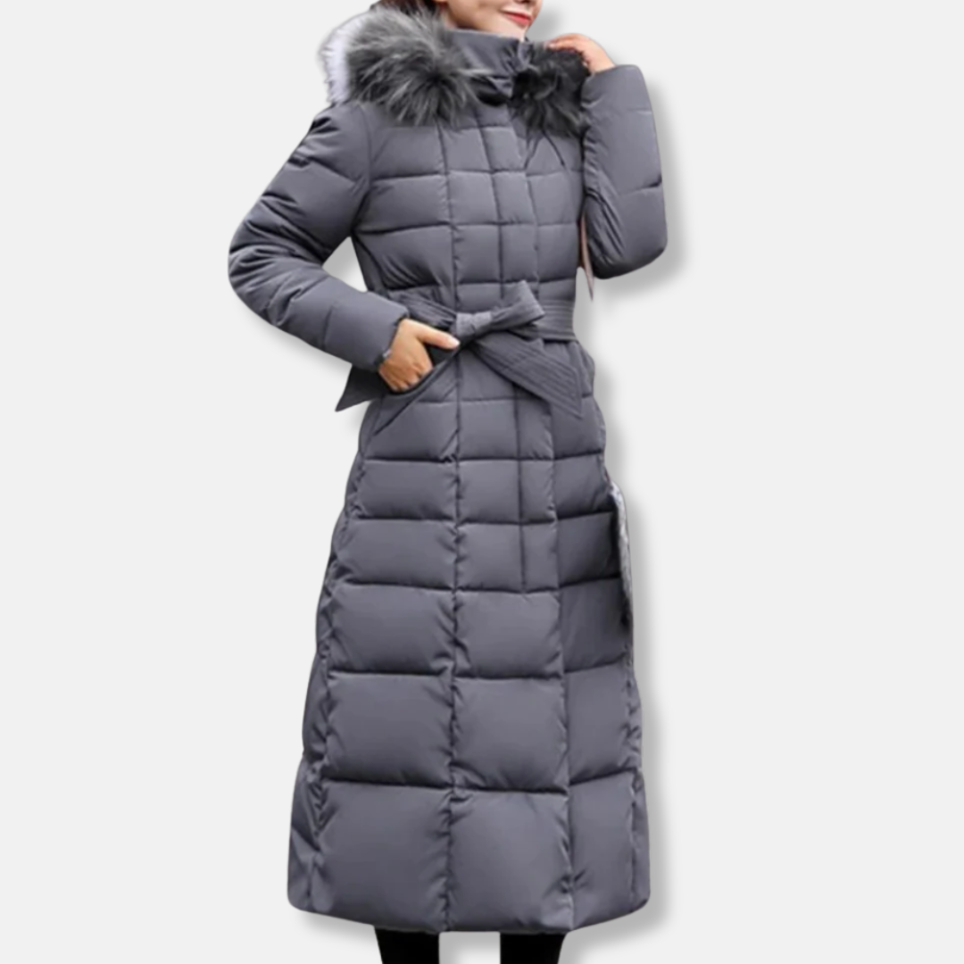 NordiskFlair Quilted Puffer Coat Women Belted Fur Hood