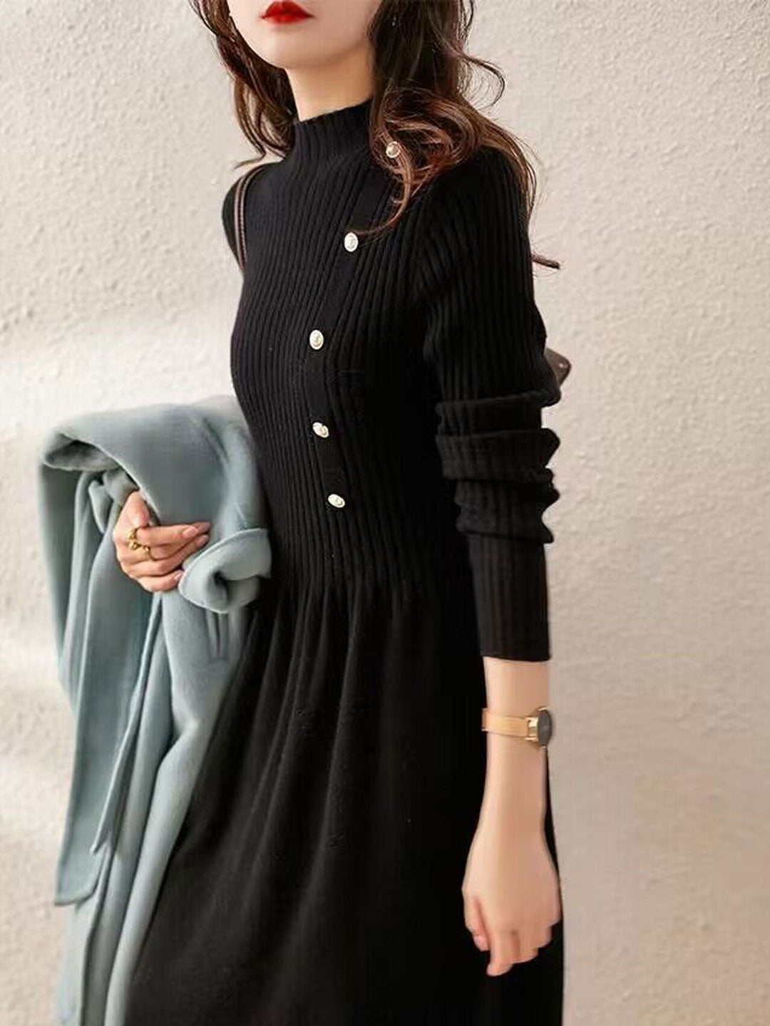 Street-Wave Ribbed Knit Dress With Pearl Buttons - Cozy Warm Turtleneck For Women, Elegant Winterwear