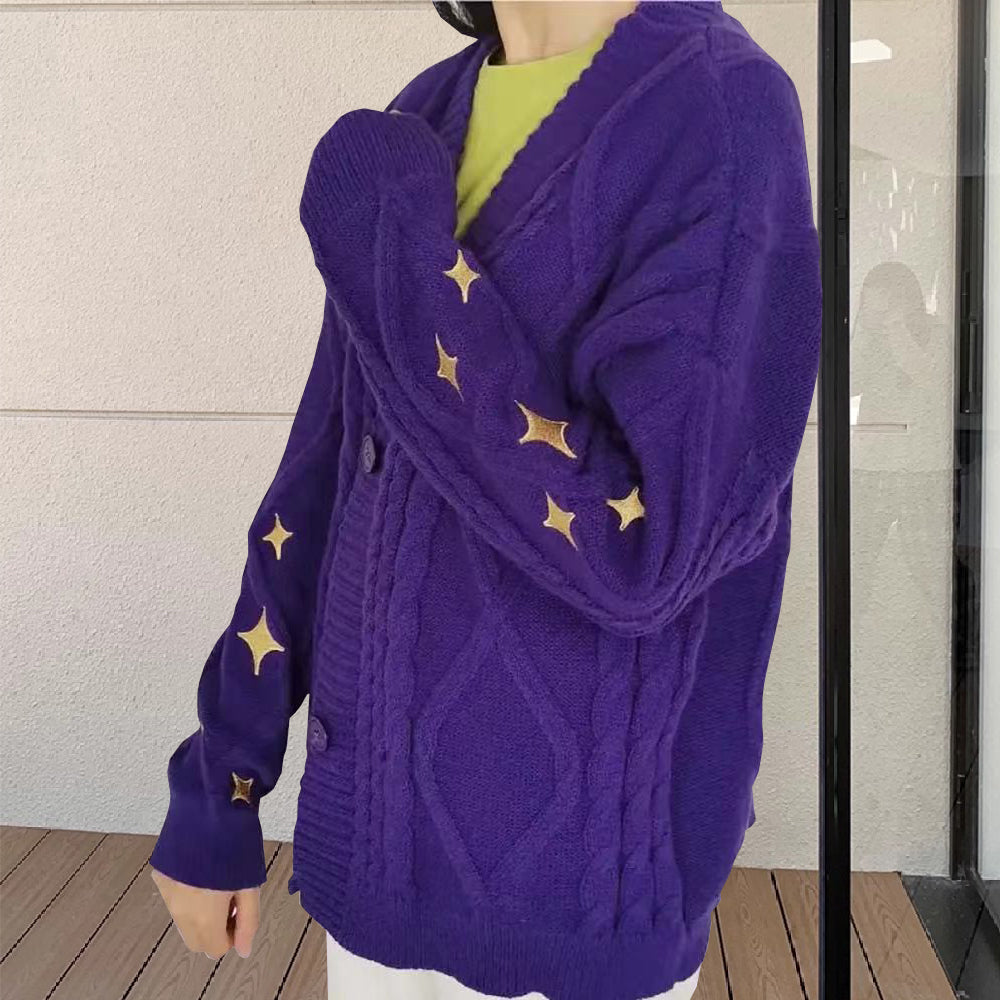 Street Wave Cozy Star Patch Knit Cardigan Pullover For Women With Button Front Stylish Winter Knitwear