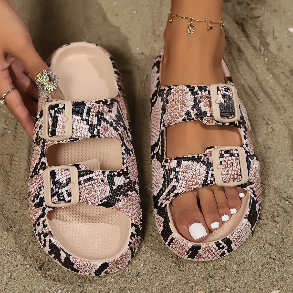 Women's Flat Sandals with Adjustable Buckle and Casual Design