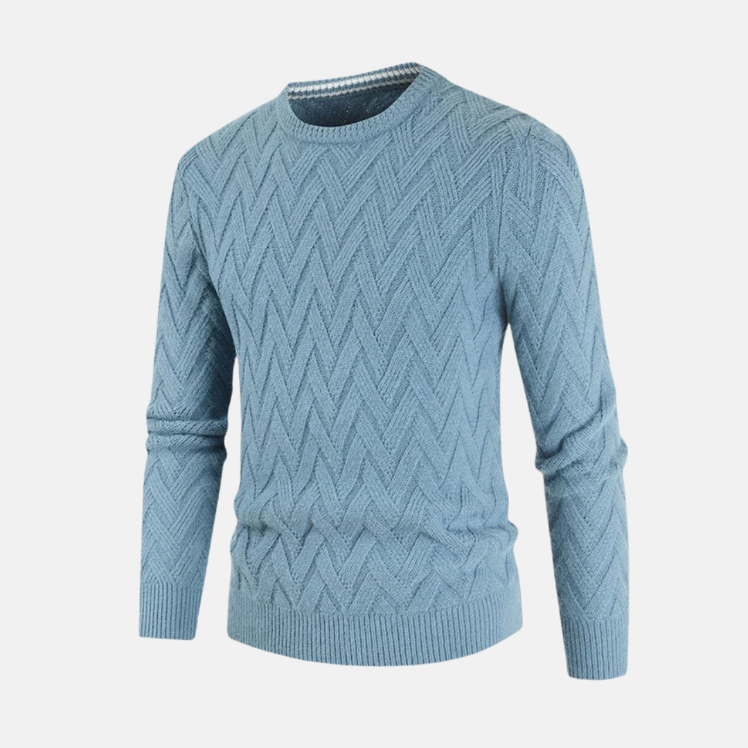 Men's Wool Crew Neck Sweater With Chevron Knit Texture And Ribbed Cuffs And Hem Classic Fit