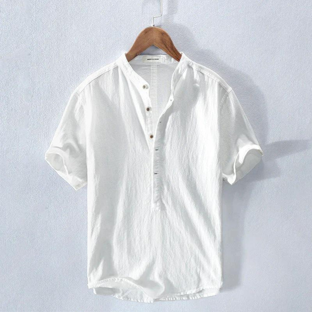 Street Wave Amalfi Cotton Blend Henley Shirt For Men With Relaxed Chic Short Sleeve