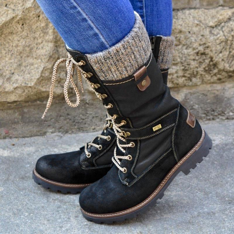 Street-Wave Knee High Combat Boots For Women Winter Ready With Rugged Sole And Cozy Knit Collar