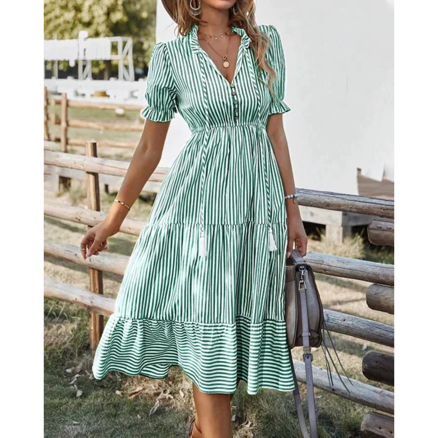 Street-Wave Striped Midi Dress For Women Flattering V-Neck