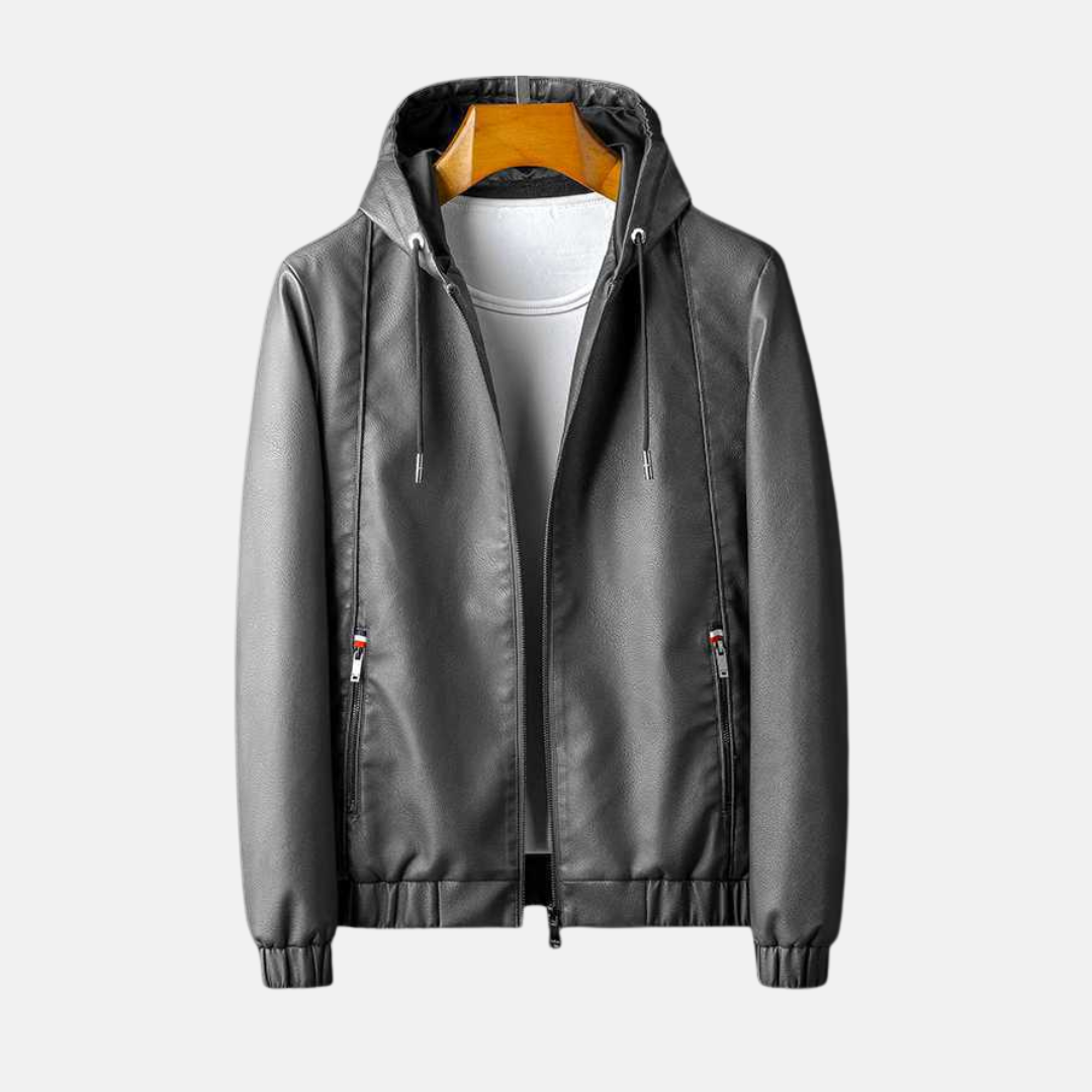 Mens Faux Leather Hooded Jacket With Zip Closure Relaxed Fit Casual Outerwear For Men Street-Wave