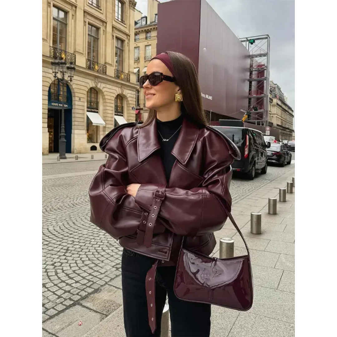 Street-Wave Leather-Style Short Jacket For Womens Warm Fleece Lining Cozy Urban Style