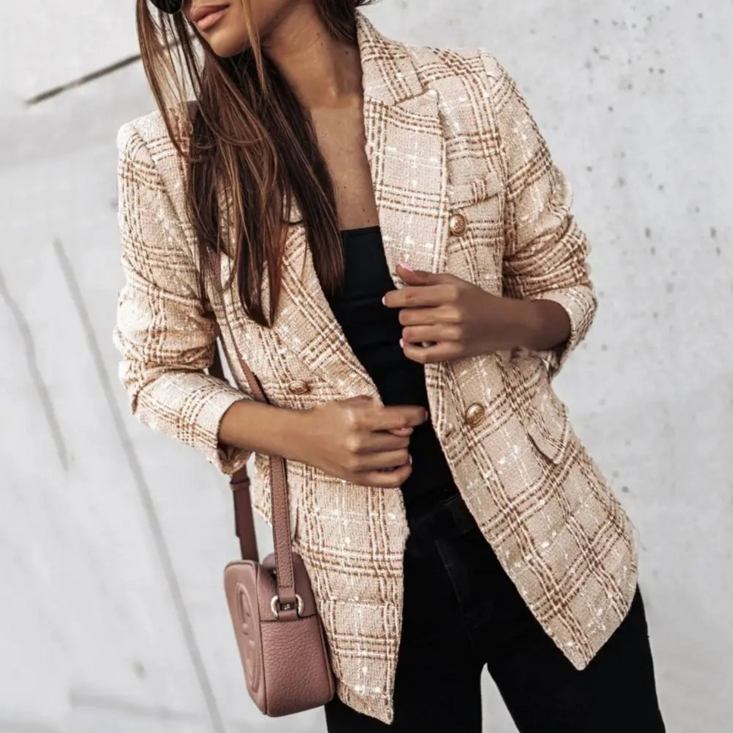 Street-Wave Women's Tweed Blazer Elegant Winter Jacket With Gold Button Detailing Premium Wool Blend