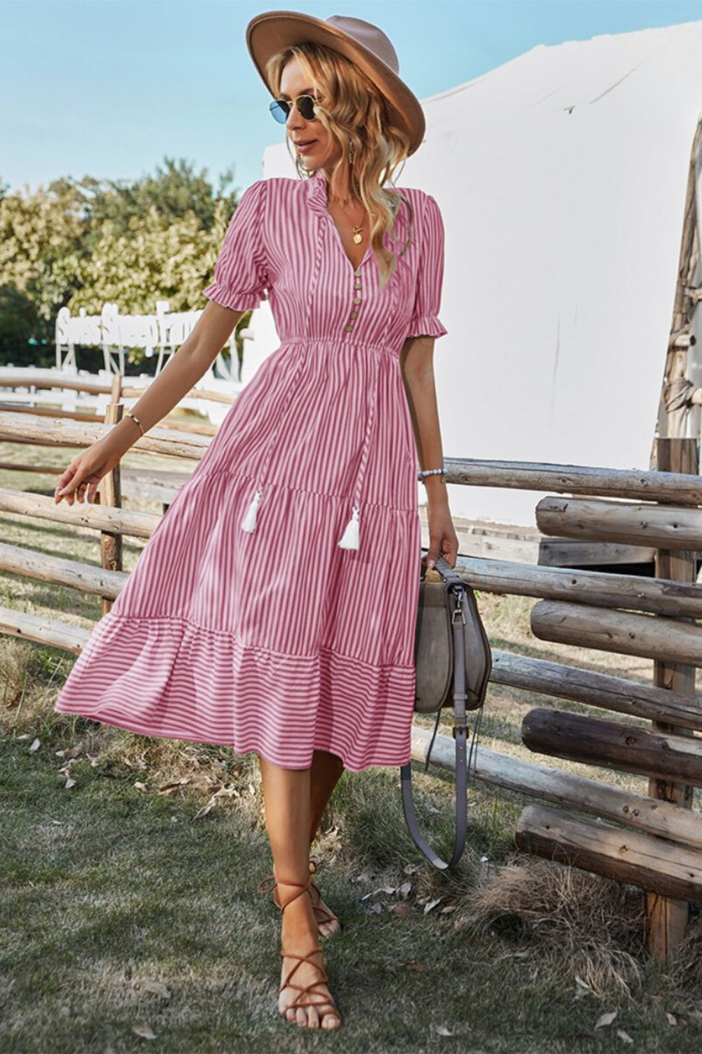 Streetwave Striped Midi Dress With Button Front And Tassel Vneckline For Women Breathable Summer Wear