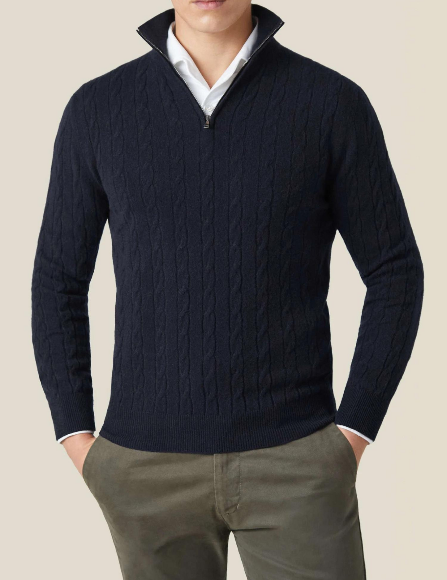 Men's Cable Knit Wool Blend Sweater With Half Zip For Smart Casual Style And Everyday Comfort