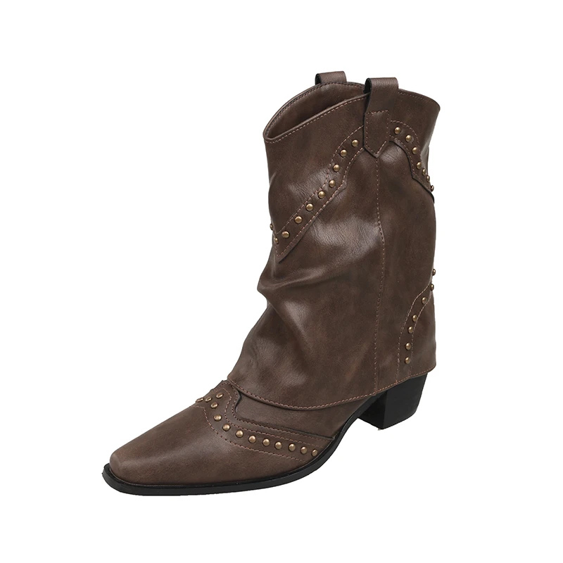 Women's Western-Style Boots with Studded Detail and Mid-Height