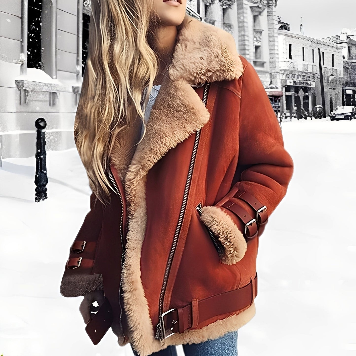 Street-Wave Thick Wool Suede Shearling Jacket For Women With Cozy Lined Biker Style