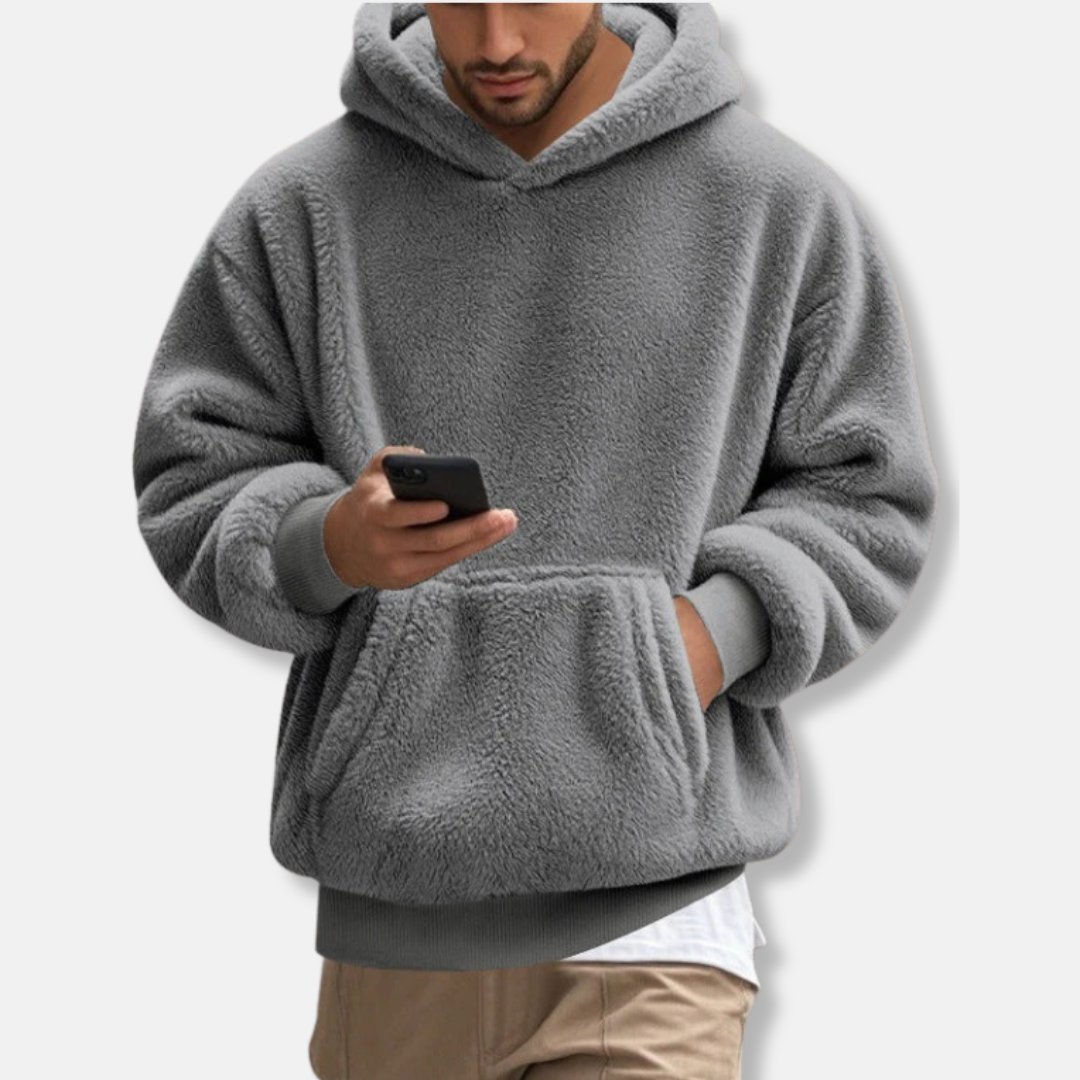 Men's Fleece Hoodie with Hooded V-Neck, Kangaroo Pocket, Hip Length, Relaxed Fit for Casual Comfort