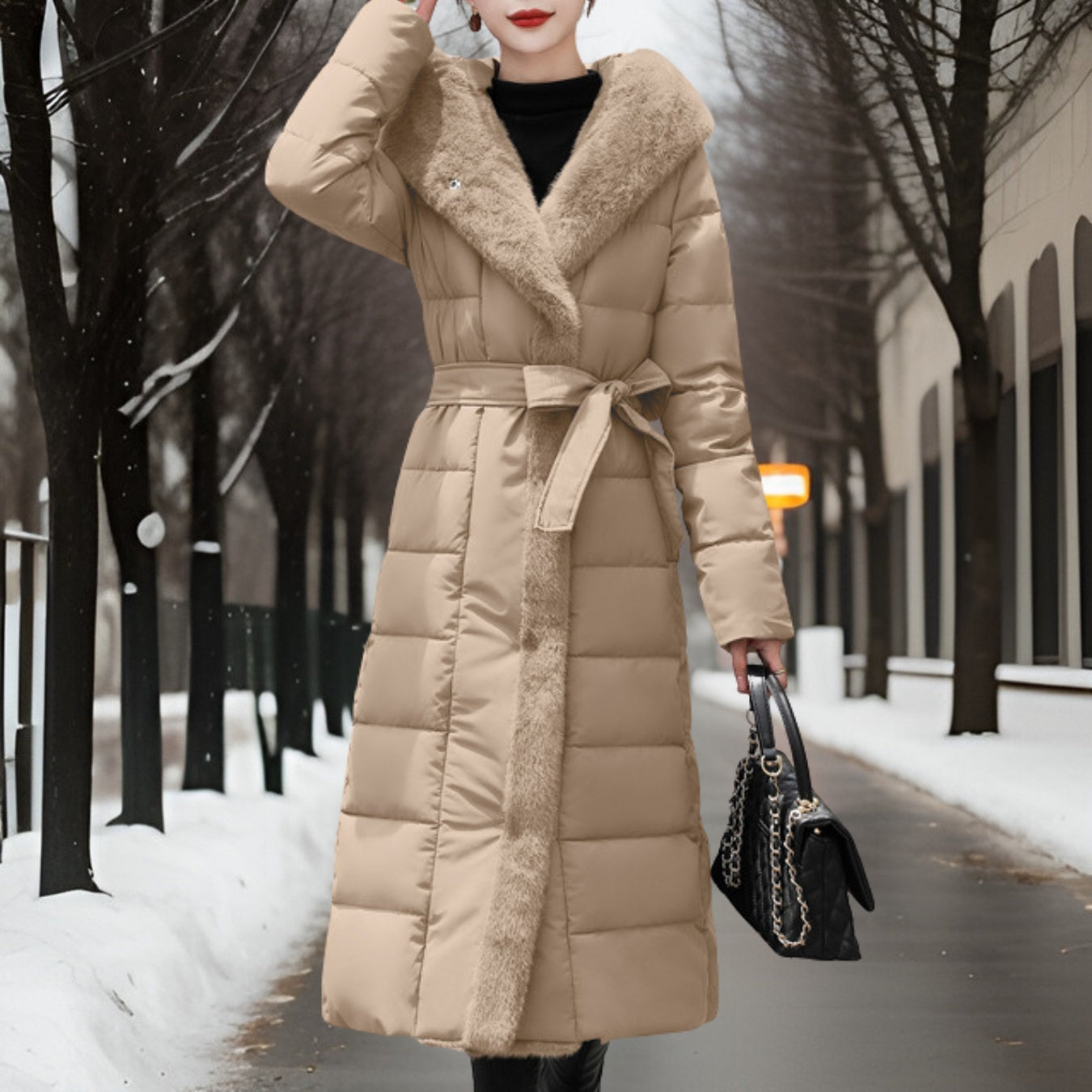 Street-Wave Women's Long Puffer Coat Belted Patchwork Quilted With Faux Fur Collar Warm Winter Jacket