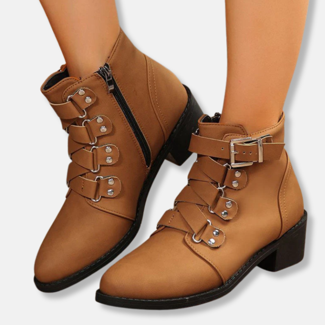 Street-wave Faux Leather Ankle Boots With Side Zip Buckle Straps Block Heel For Women