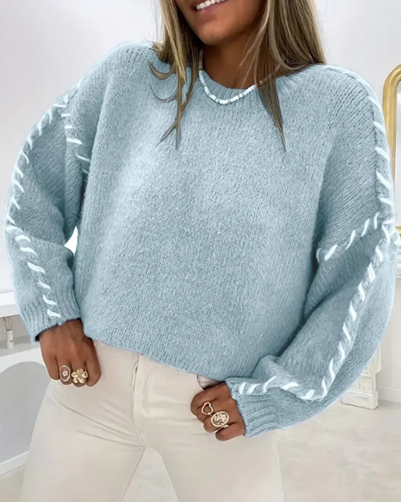 Street-Wave Boho Knit Sweater For Women Warm Cozy Oversized Pullover With Black Thread Detailing