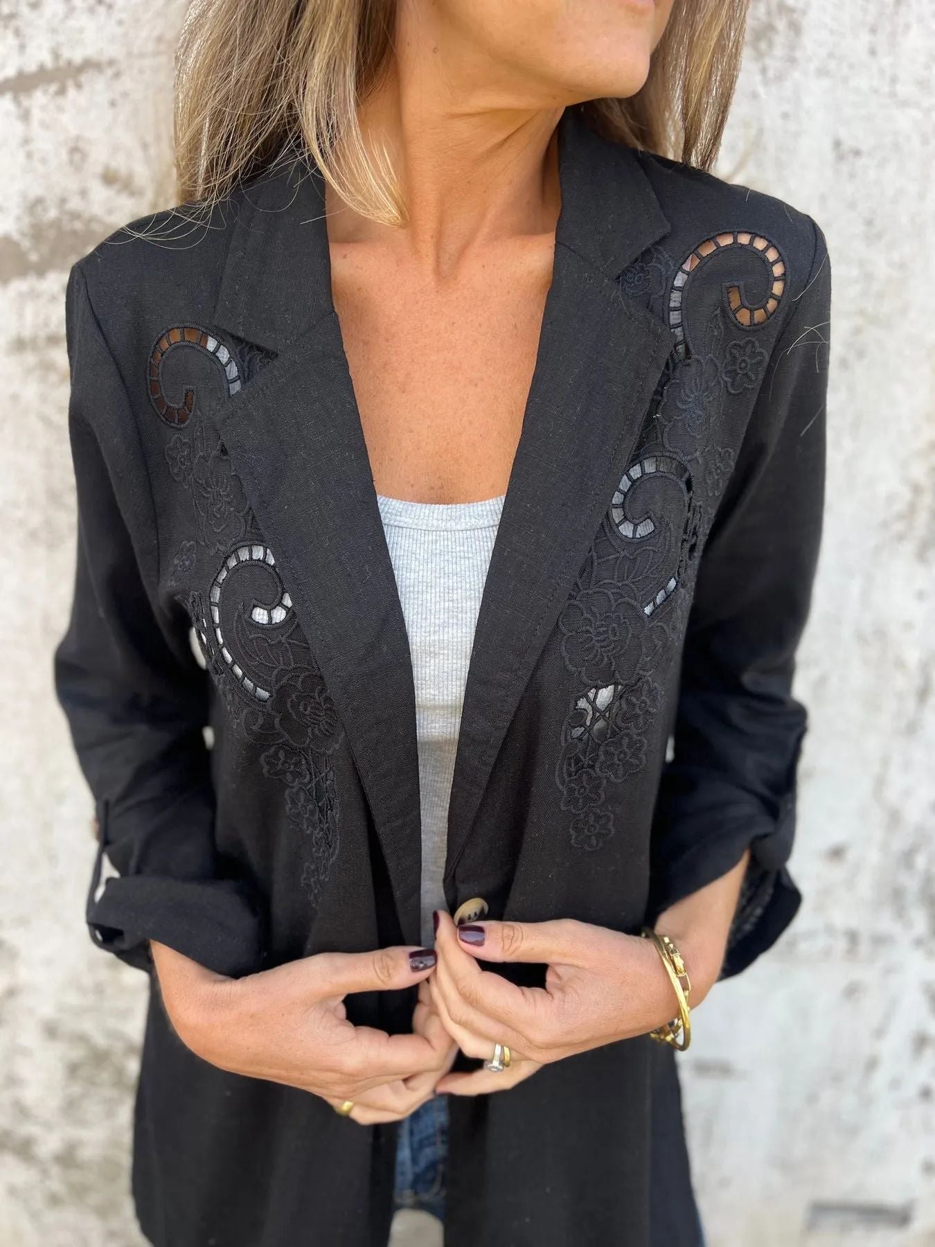 Street-Wave Embroidered Lace Blazer For Women With Subtle Cutouts Classic Yet Refined