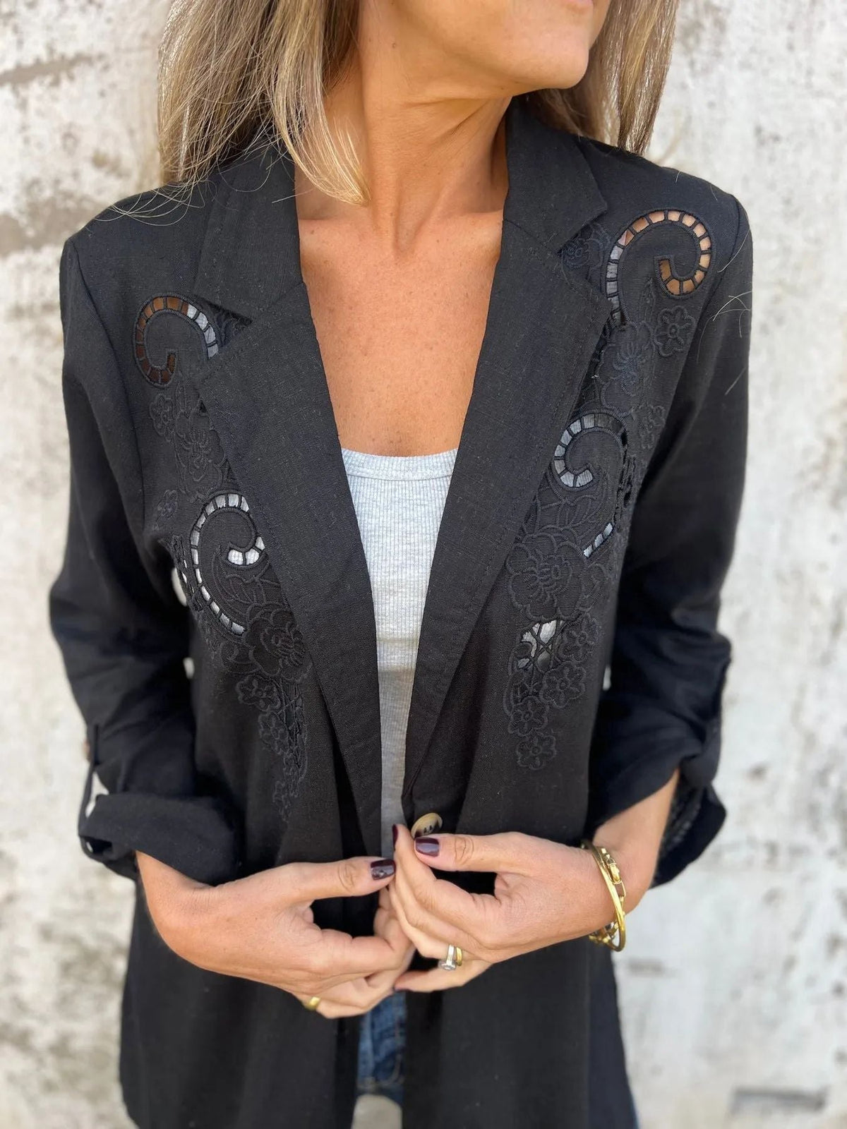 Street-Wave Embroidered Lace Blazer For Women With Subtle Cutouts Classic Yet Refined