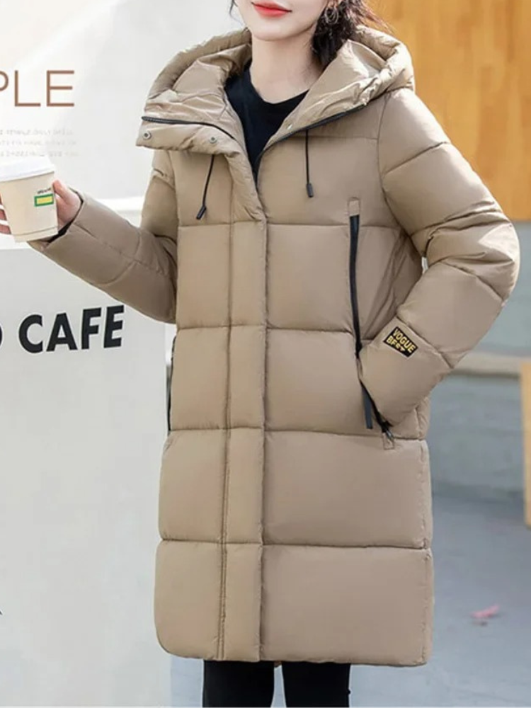 Street-Wave Khaki Puffer Jacket With Hood And Full Zip For Women Warmth And Timeless Style