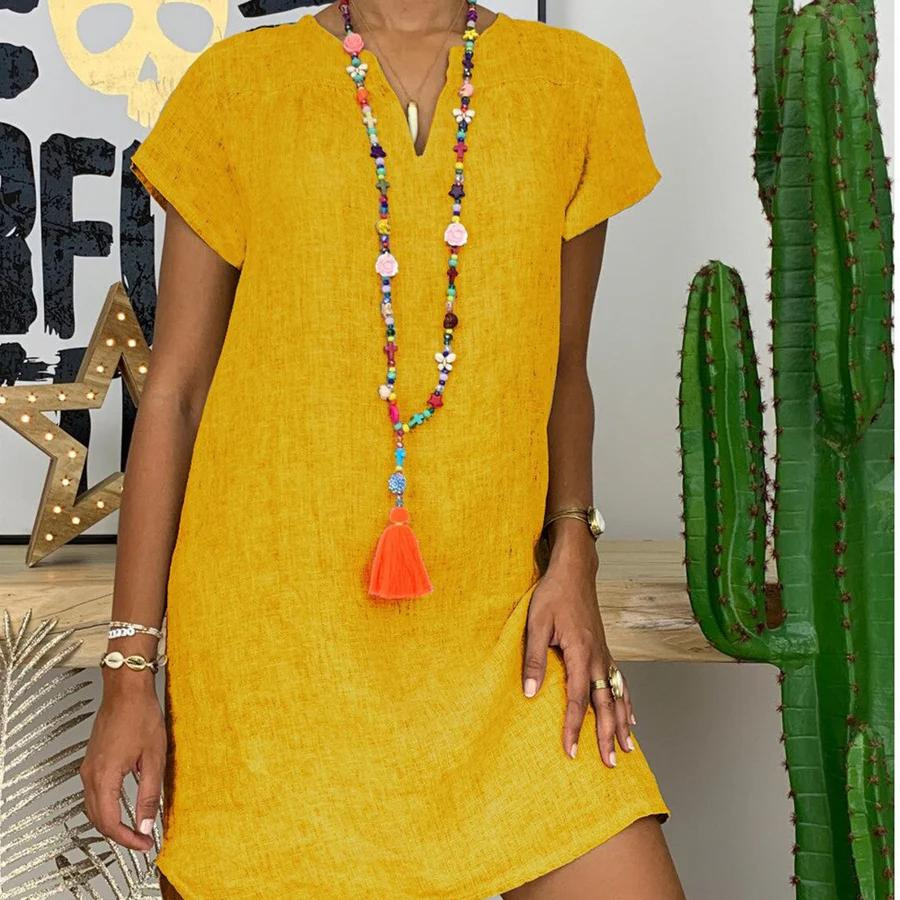 Street-Wave Women's Cotton Linen Sundress With V Neck Breathable Breezy Summer Wardrobe Essential