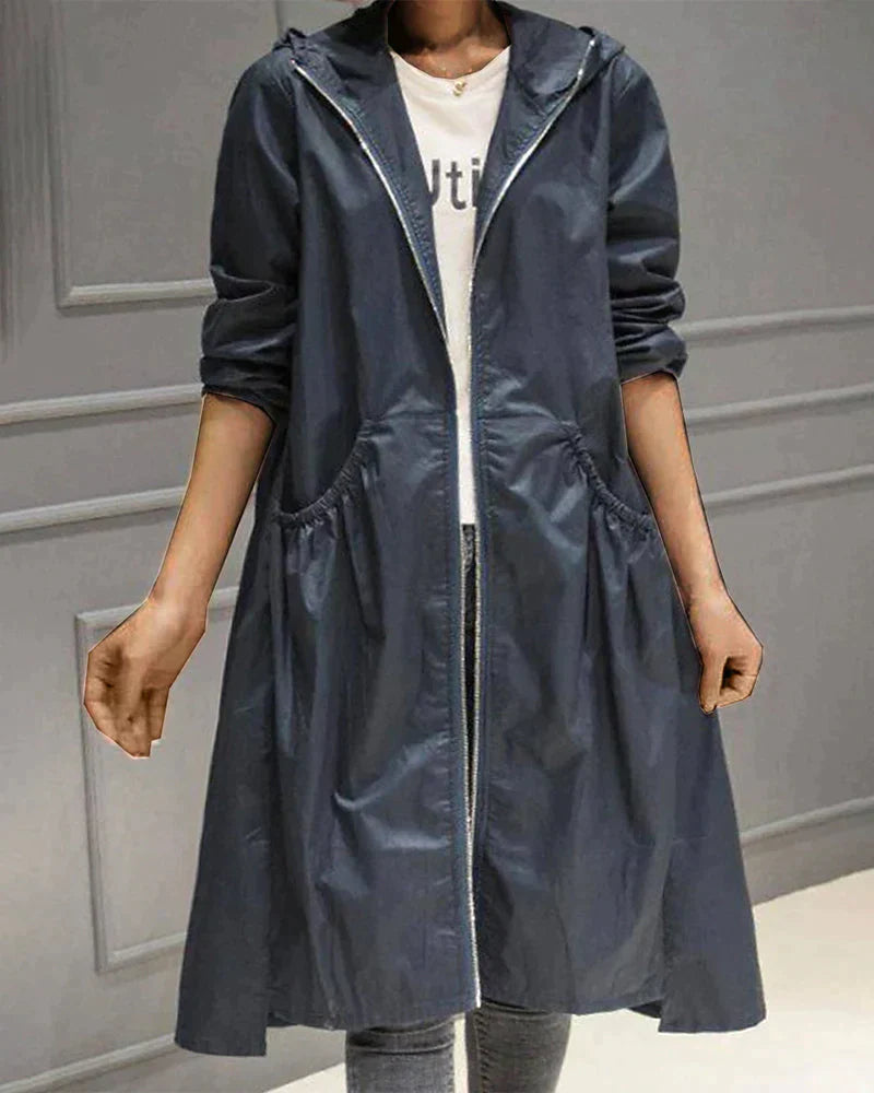 Street-wave Long Hooded Raincoat For Women Waterproof Protection And Elegant Silhouette