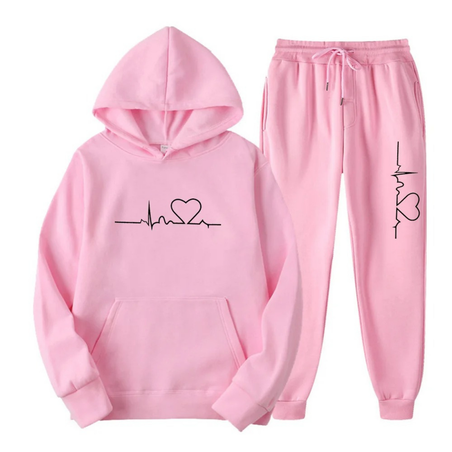 Street-wave Women's Hoodie Tracksuit Set With Heart Print For Cozy, Sporty Confidence