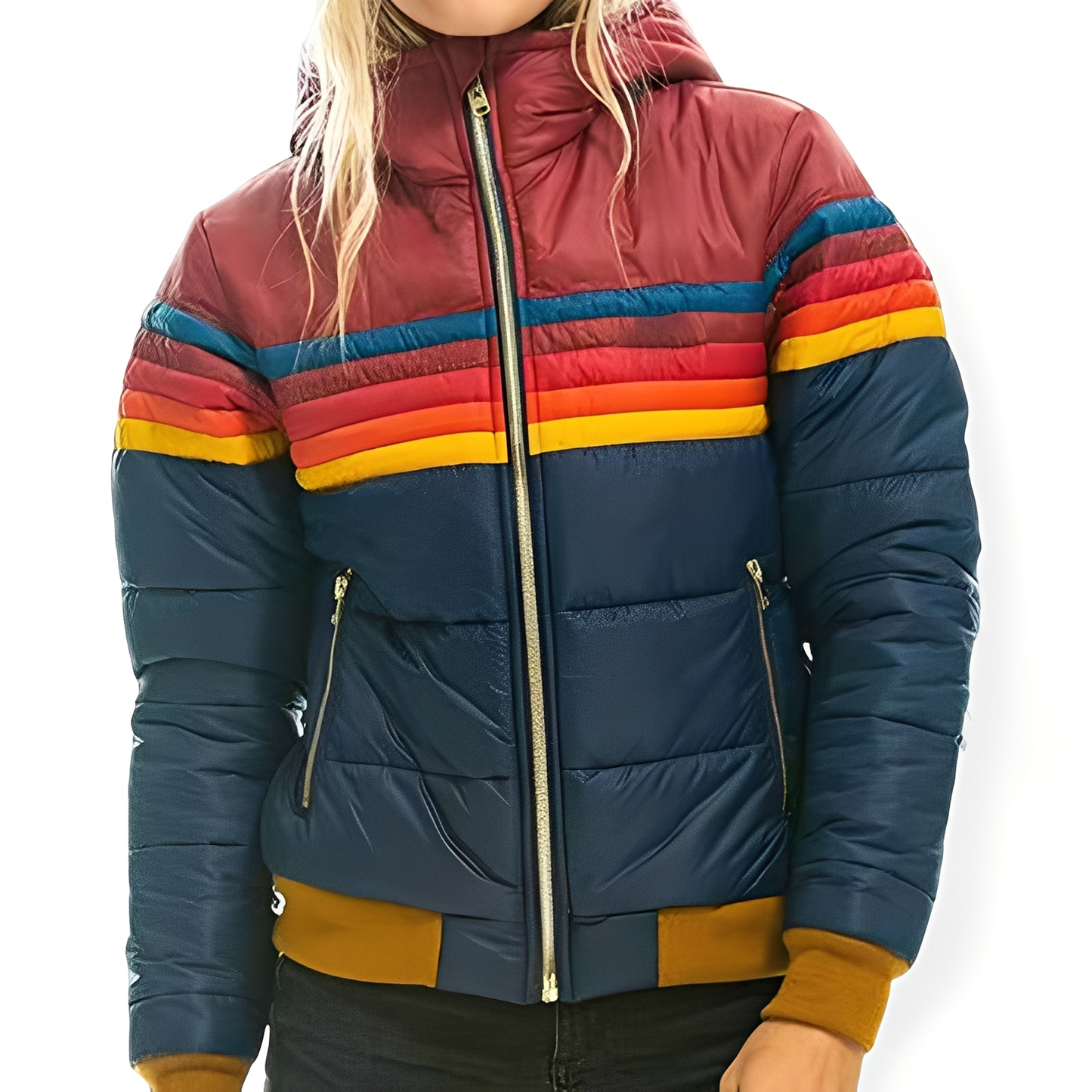 Street Wave Parka For Women Warm Puffer Coat With Hood Retro Color Block Rainbow Stripes