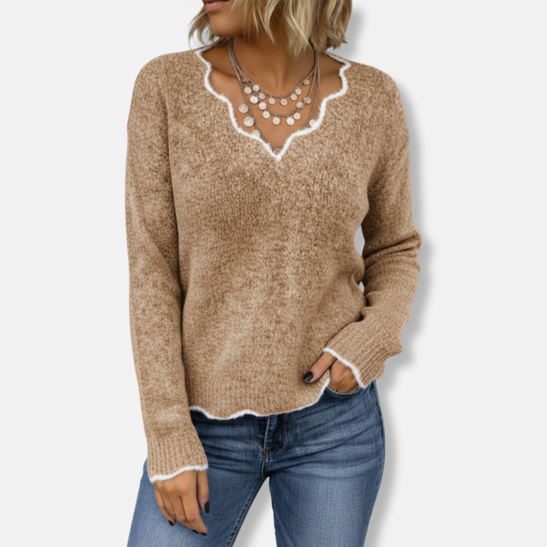 Nordisk-Flair Women Soft Wool Knit Sweater Relaxed Fit Scalloped Neckline