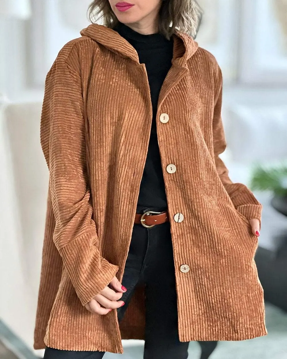 Street-wave Oversized Hoodie for Women With Corduroy Texture And Button Closure All Day Comfort