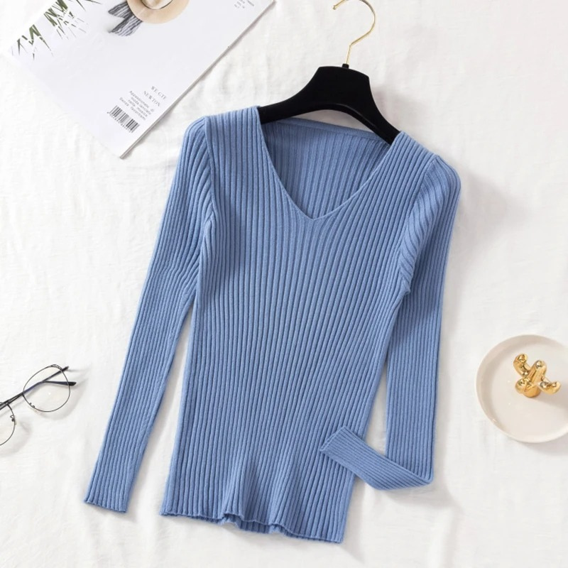 Street-Wave Ribbed V-Neck Pullover For Women Slim Fit Figure Flattering Knit Effortless Versatile Everyday Style