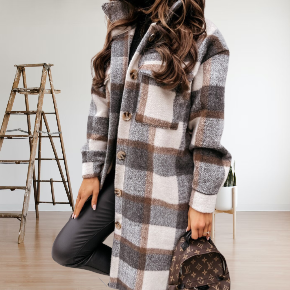 Street-Wave Women's Wool Coat Long Silhouette With Checkered Pattern Warmth
