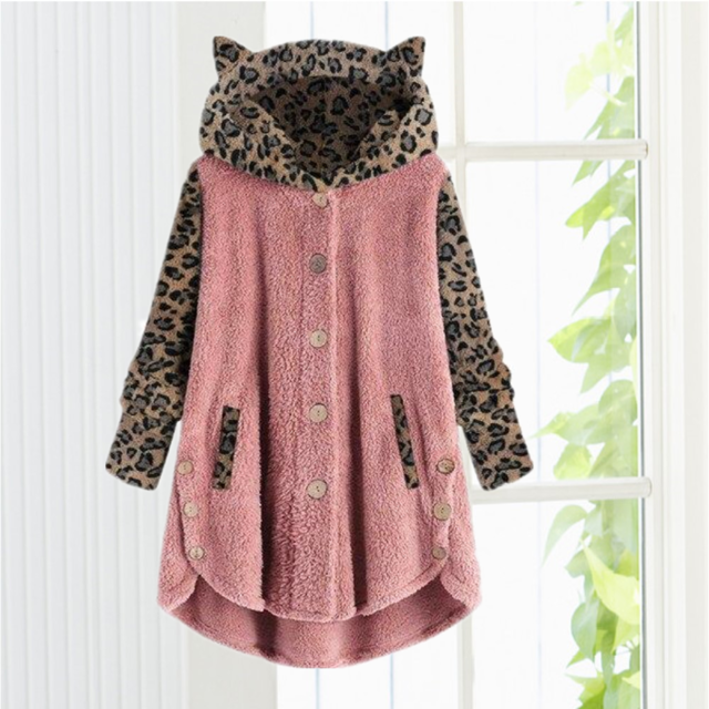 Street-wave Cozy Cat Ear Hooded Coat for Girls Leopard Print Sleeves Cotton Cashmere Blend Pockets