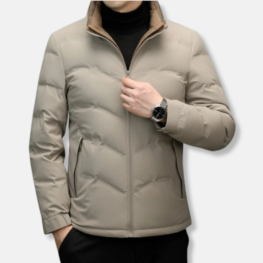 Mens Jacket With Woven Fabric Quilted Chevron Pattern Stand Up Collar Zipper Pockets Warm Winter Outerwear