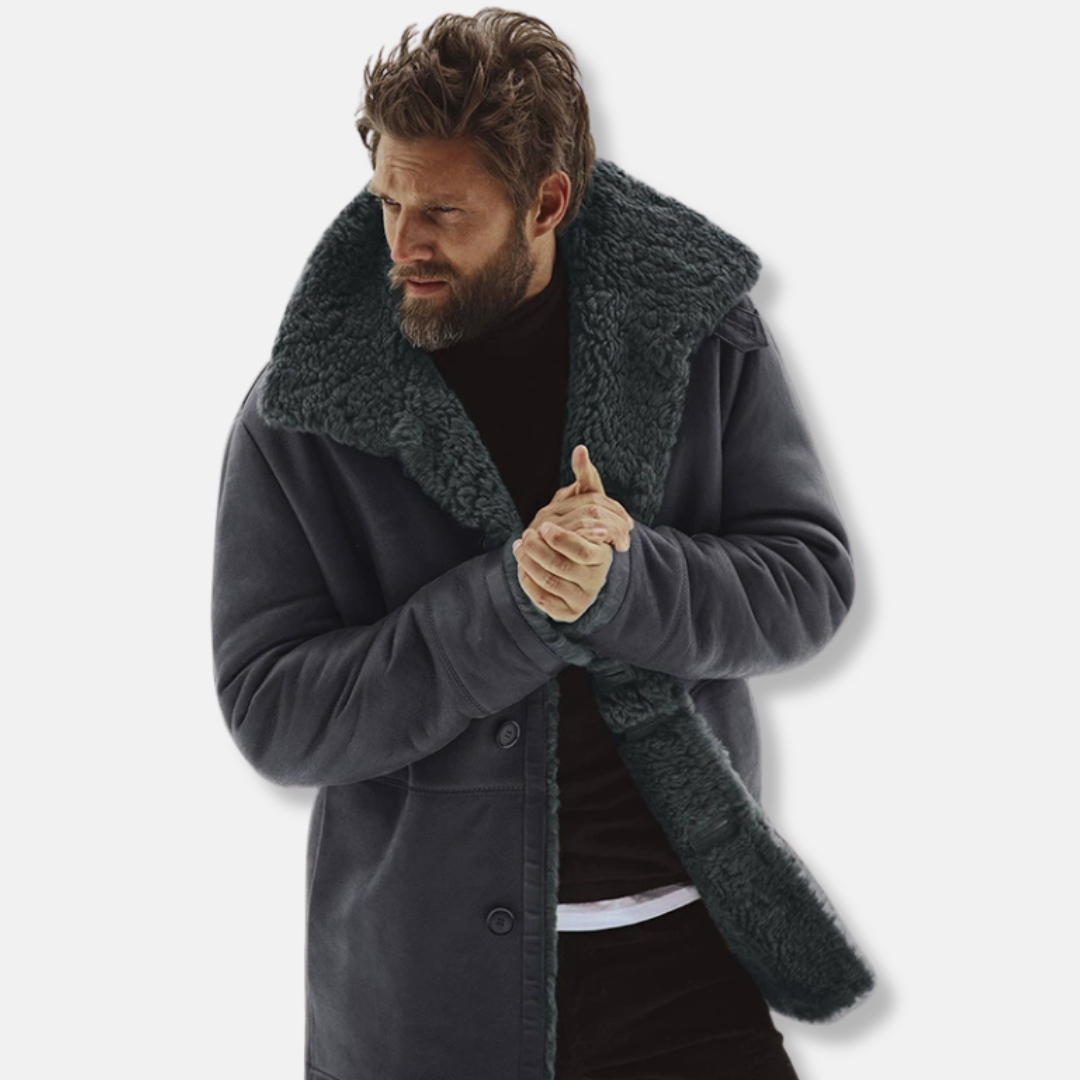 Nordisk Flair Men's Shearling Collar Wool Blend Coat With Relaxed Fit Mid Thigh Length Green