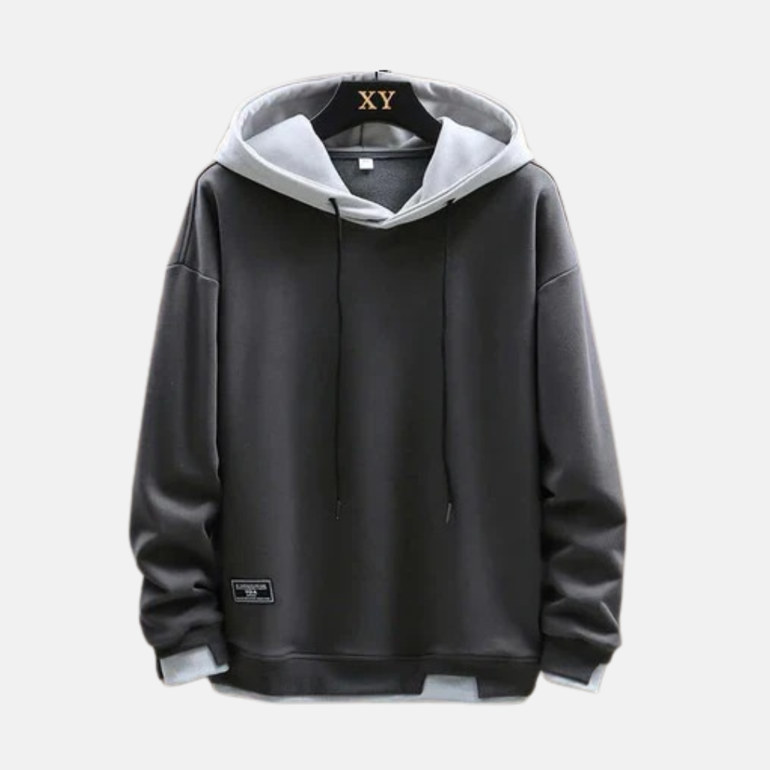 Mens Oversized Cotton Blend Hoodie With Dual Layer Hood Mock Hem And Ribbed Trim