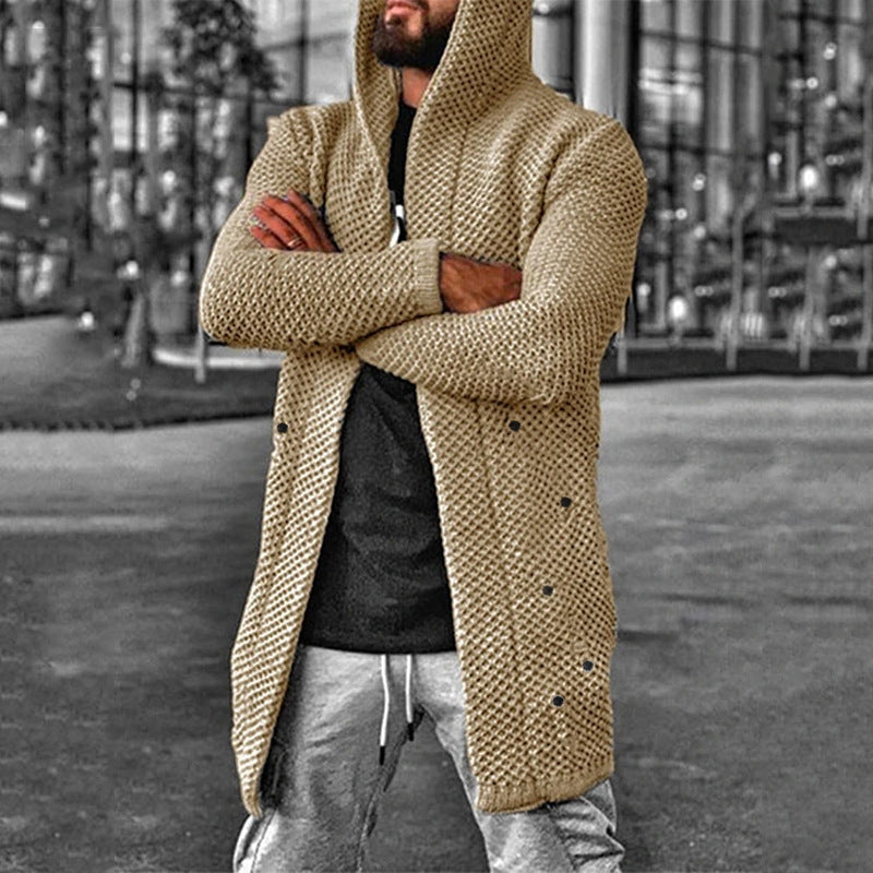 Street-wave Hooded Knitted Cardigan For Men Cozy Modern Everyday Layer With Structured Texture
