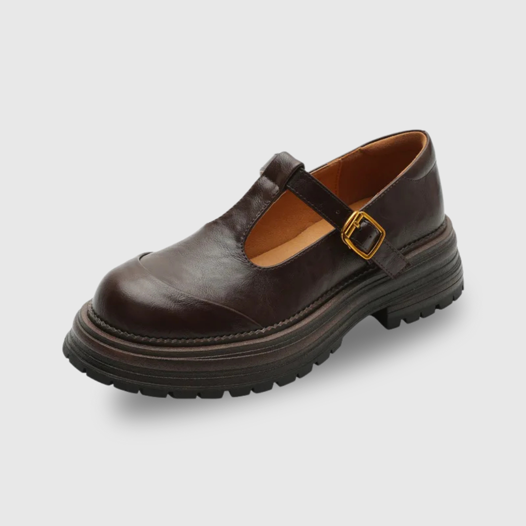 Women's T-Bar Brogue Shoes with Round Toe and Low Heel