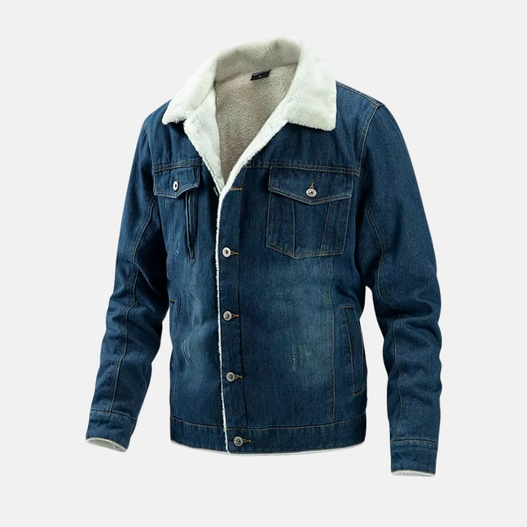 Men's Denim Hip-Length Jacket With Faux Shearling Lining Front Button Closure Chest Pockets Distressed