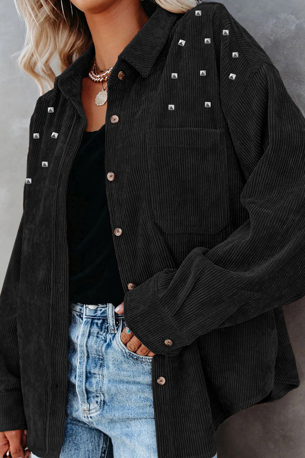 Street-wave Cordura Shirt Jacket With Studs Cotton Blend For Edgy Urban Women - Trendy Modern Wardrobe Essential