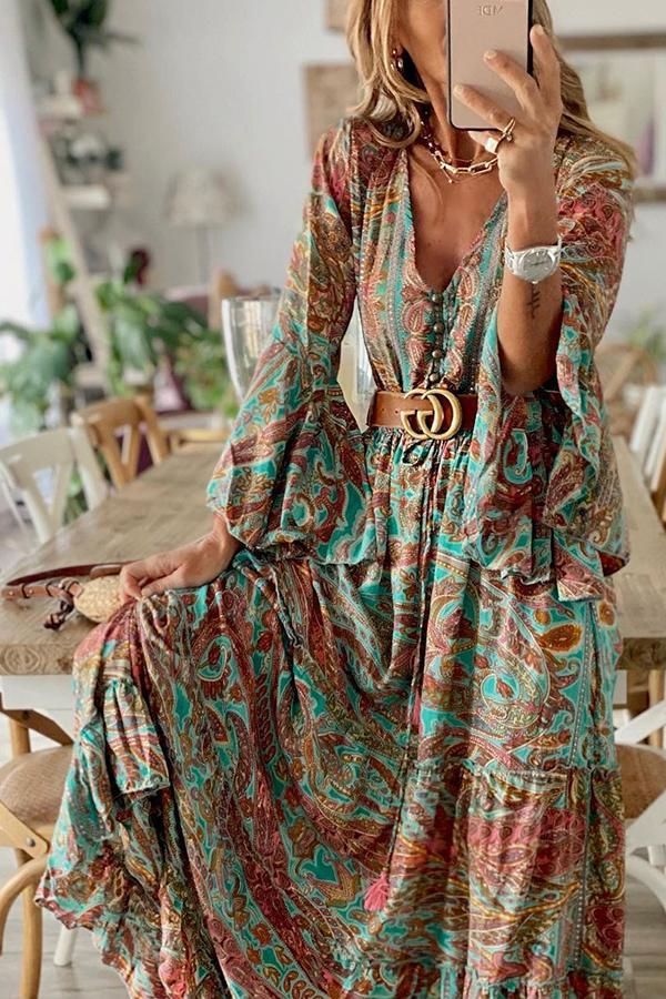 Street Wave Boho Paisley Maxi Dress With Trumpet Sleeves For Women Vibrant Print Flowy Silhouette