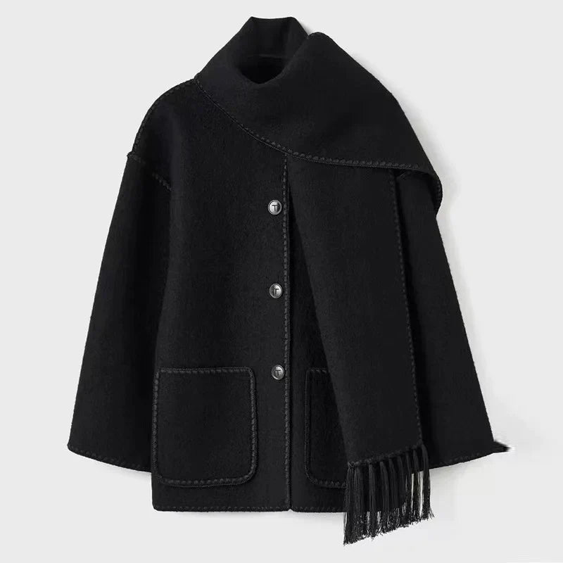 Street-wave Pompon Wool Coat For Women With Fringe Trim And Contrast Stitching For Everyday Style