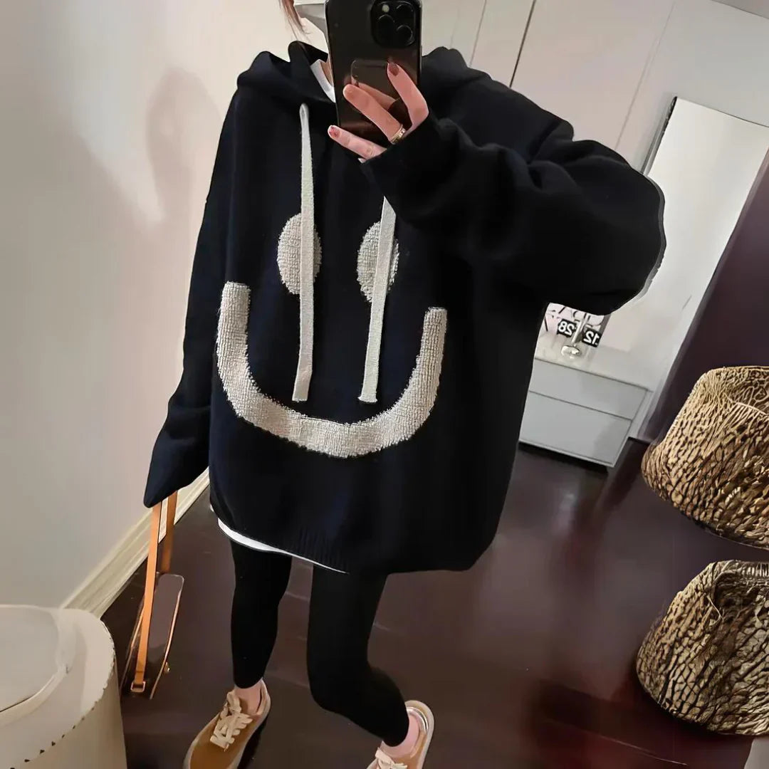 Streetwave Oversized Hoodie Smiley Graphic Soft Cozy Sweatshirt For Women Perfect Layering