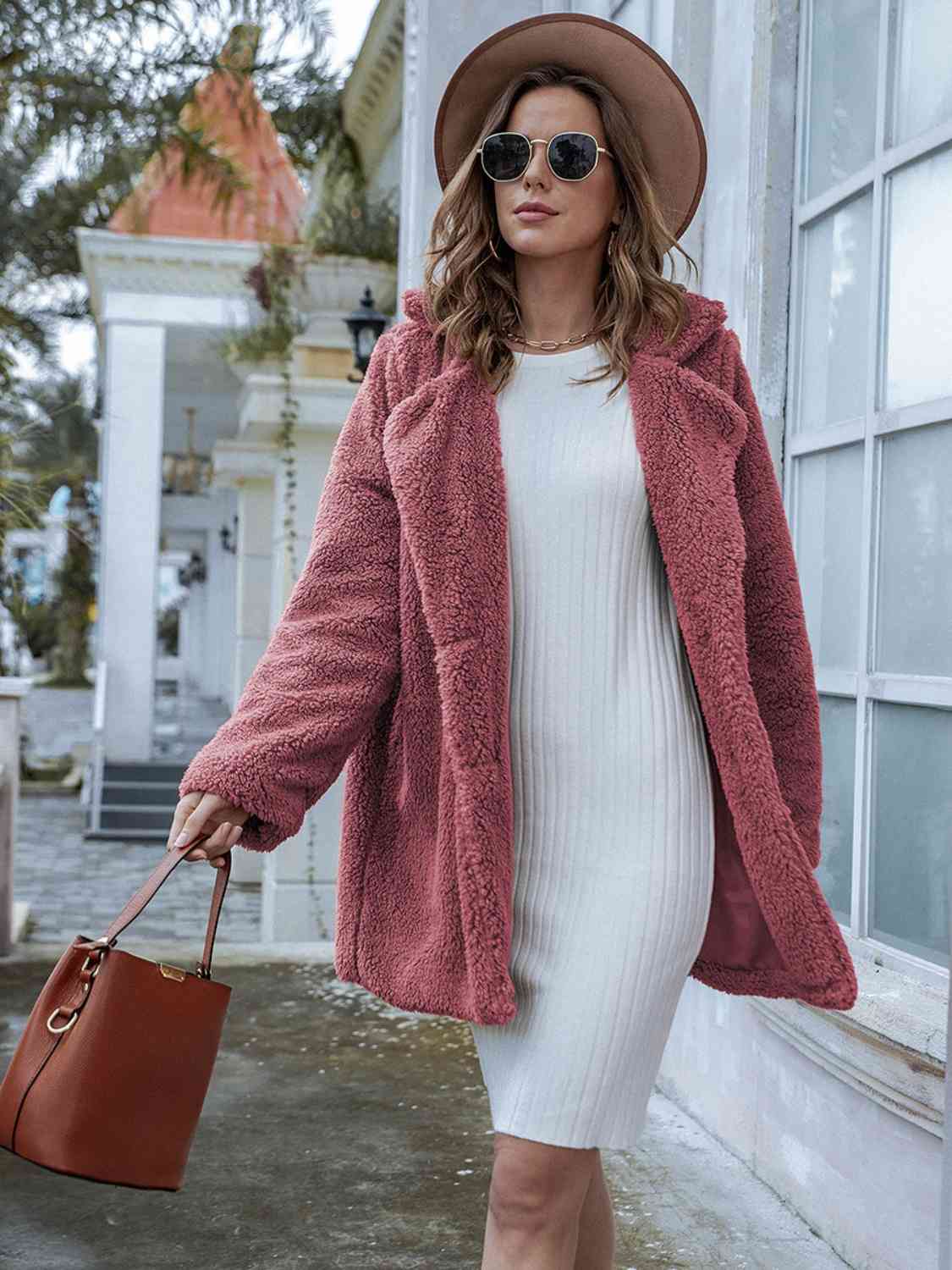 Street-Wave Teddy Coat With Pockets For Women Cozy Plush Faux Fur Warm Outerwear