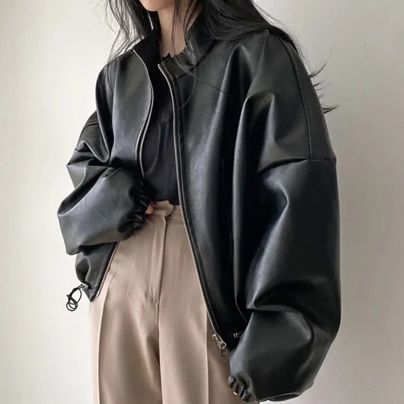 Street Wave PU Leather Jacket For Urban Style Enthusiasts With Effortless Chic And Oversized Fit