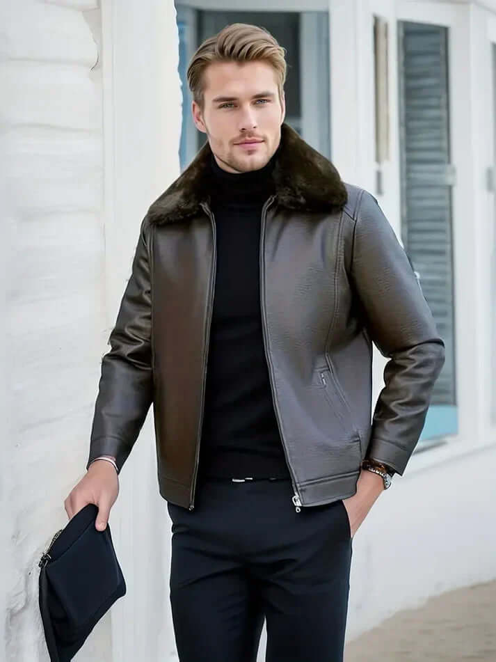 Leather Jacket For Men Street Wave Premium Warmth Durable Black Autumn Outerwear