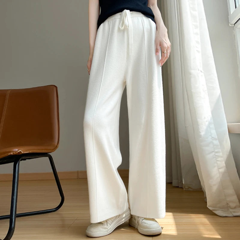 Isla Wool Wide-Leg Knit Trousers | Drawstring Waist Casual Trousers