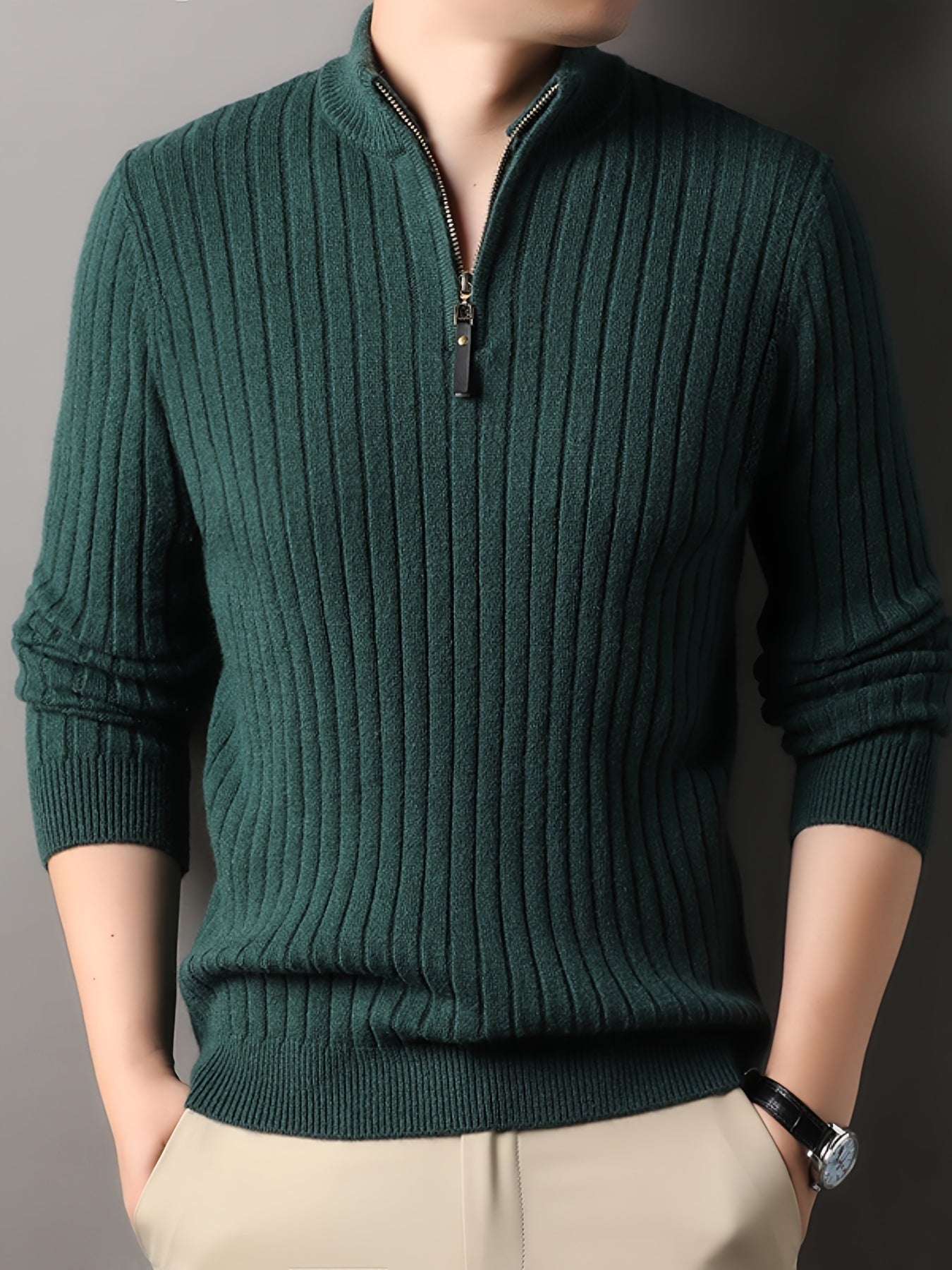 Street Wave Ribbed Zip Neck Sweater For Men Cozy Knit