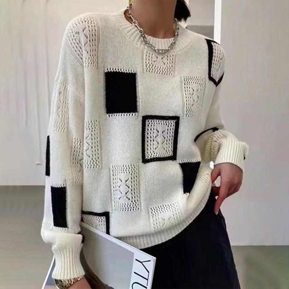 Street-Wave Womens Winter Knit Pullover With Unique Square Pattern Cozy Modern Style