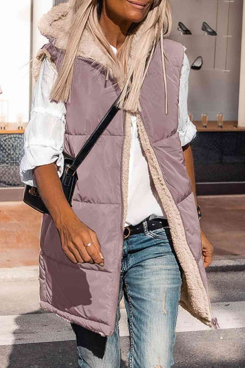 Street Wave Zip Up Longline Puffer Vest Hooded For Women Plush Lining Warmth Winter Ready