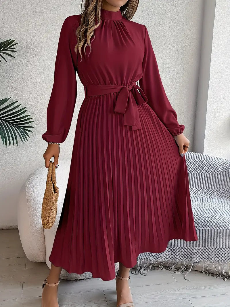 Street-wave Timeless Elegant Pleated Belt Maxi Dress With Stand Collar For Women